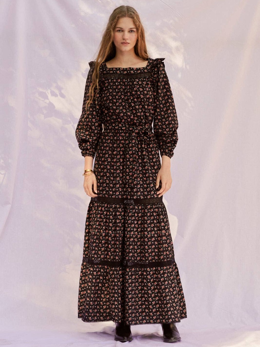[NWT] $280 SONMER Wendy maxi cotton black floral dress. Small